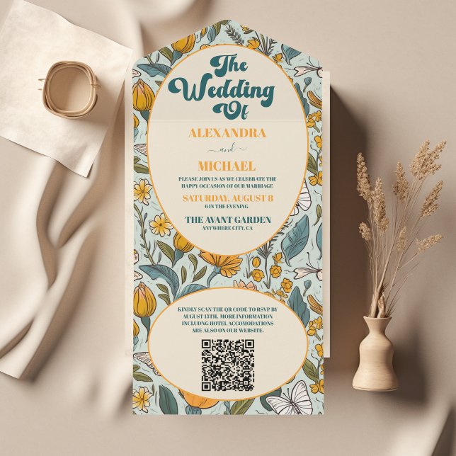 QR Code Boho Chic Retro farbenfrohe Blumenhochzeit All In One Einladung (Von Creator hochgeladen)