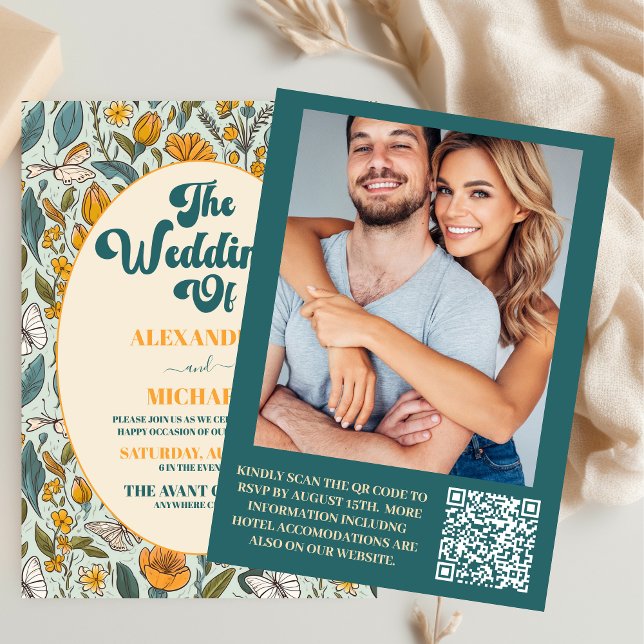 QR Code Boho Chic Retro farbenfrohe Blumenhochzeit Einladung (Von Creator hochgeladen)