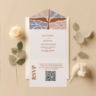 QR Code Boho Chic Retro Floral Wedding All In One Einladung