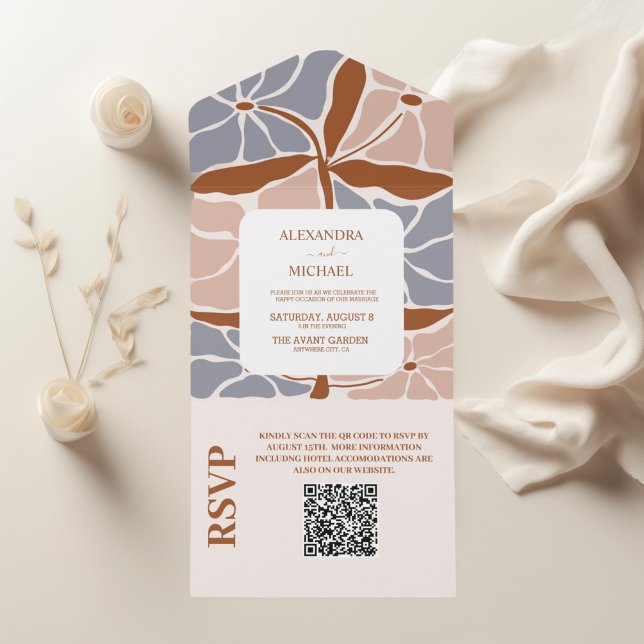 QR Code Boho Chic Retro Floral Wedding All In One Einladung (Von Creator hochgeladen)