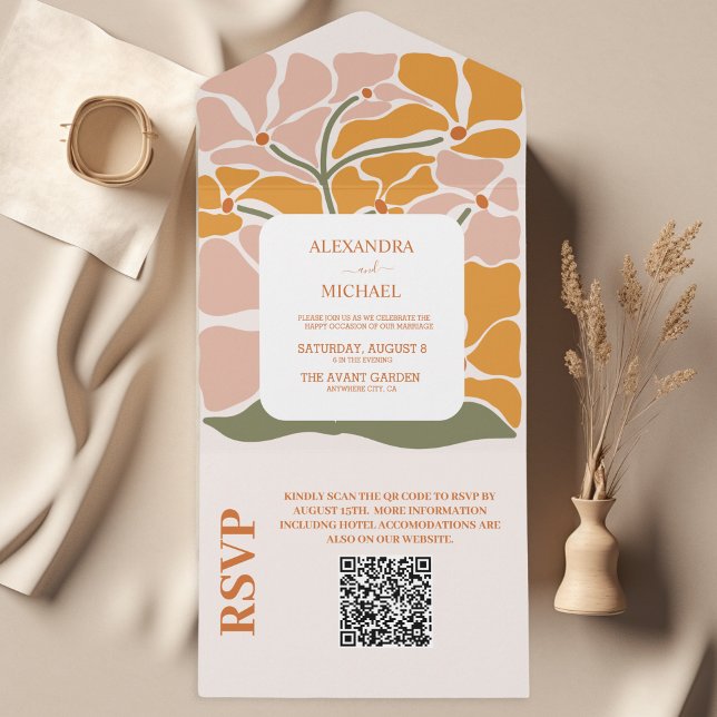 QR Code Boho Chic Retro Floral Wedding All In One Einladung (Von Creator hochgeladen)
