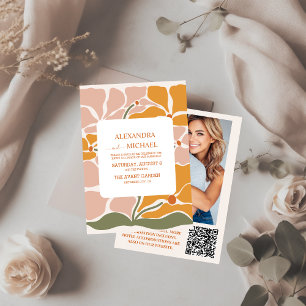 QR Code Boho Chic Retro Floral Wedding Einladung
