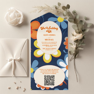 QR Code Boho Retro Floral Wedding All In One Einladung