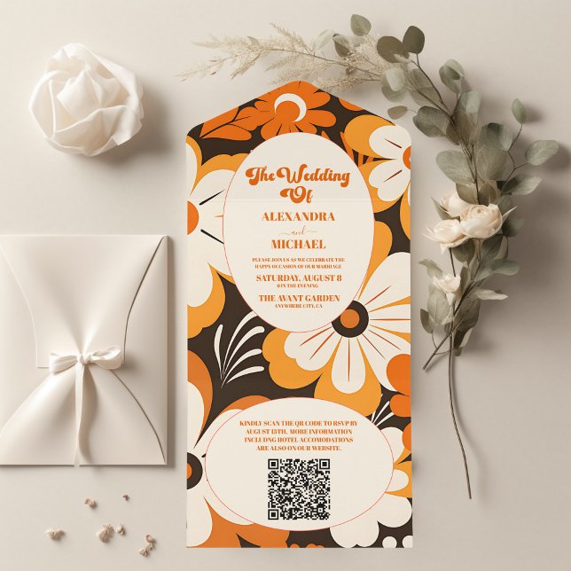 QR Code Boho Retro Floral Wedding All In One Einladung (Von Creator hochgeladen)
