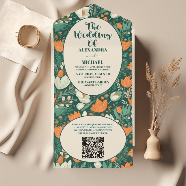 QR Code Boho Retro Floral Wedding All In One Einladung (Von Creator hochgeladen)