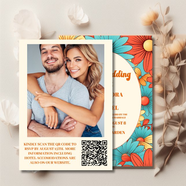 QR Code Boho Retro Floral Wedding Einladung (Von Creator hochgeladen)