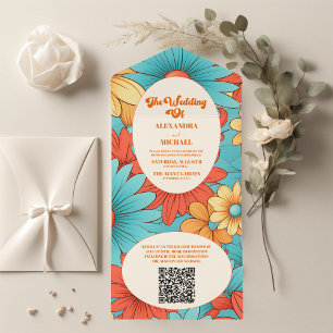 QR-Code Boho Retro Florale Hochzeit All In One Einladung