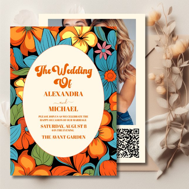 QR-Code Boho Siebziger Retro-Blumen-Hochzeit Einladung (Von Creator hochgeladen)