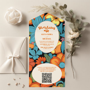 QR-Code Boho Siebzigerjahre Retro Floral Hochzeit All In One Einladung
