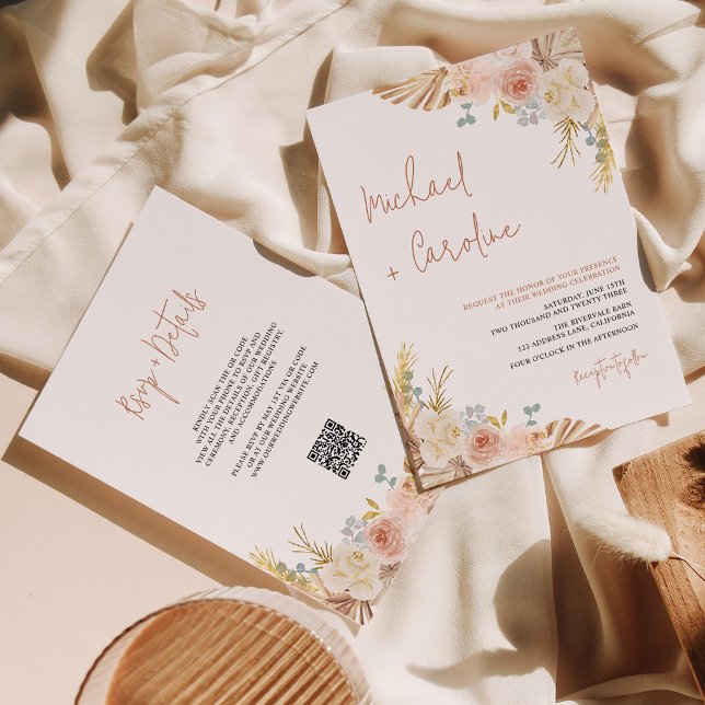 QR Code Boho Terracotta Pampas Floral Wedding Einladung (Von Creator hochgeladen)