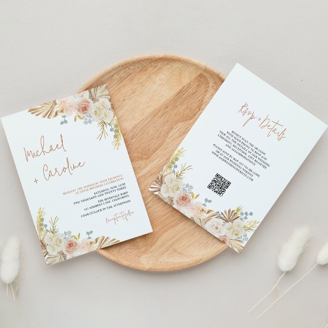 QR Code Boho Terracotta Pampas Floral Wedding Einladung (Von Creator hochgeladen)