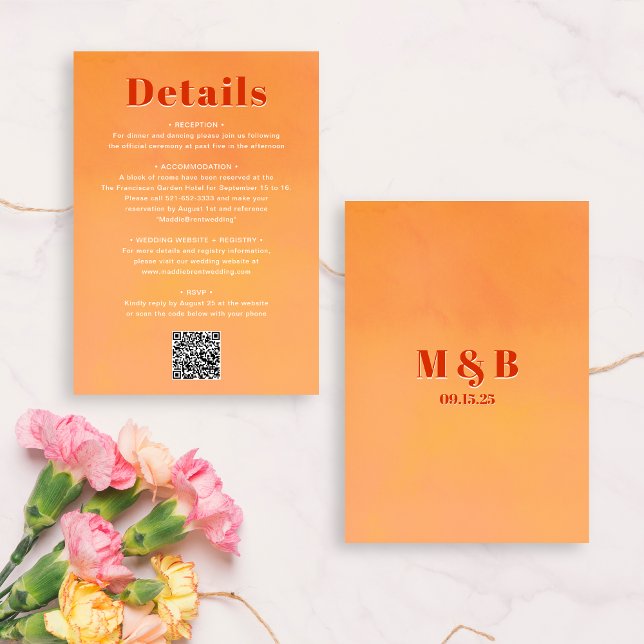 QR Code Bold Modern Orange Sunset Wedding Details Begleitkarte (Von Creator hochgeladen)