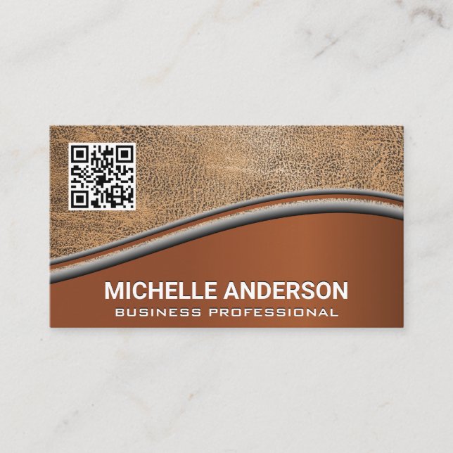 QR Code Brown Leather | Metallische Visitenkarte (Vorderseite)