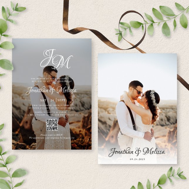 QR Code Budget Monogram Script 2 Foto Hochzeit Einladung (Von Creator hochgeladen)