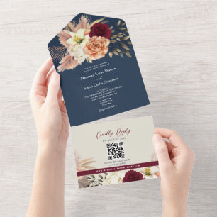 QR-Code Burgunder-Navy-Blumenhochzeit All In One Einladung