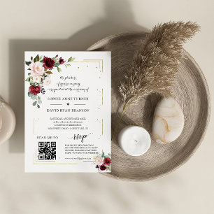 QR-Code Burgunder Rosa Floral Goldene Hochzeit  Einladung