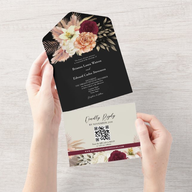 QR Code Burgundy Black Floral Wedding All In One Einladung (Abreißen)