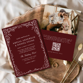 QR Code Burgundy Foto Minimalistische Hochzeit Einladung