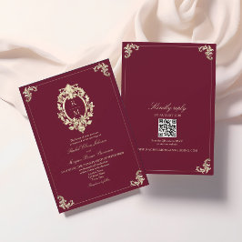 QR Code Burgundy Gold Baroque Wedding Einladung