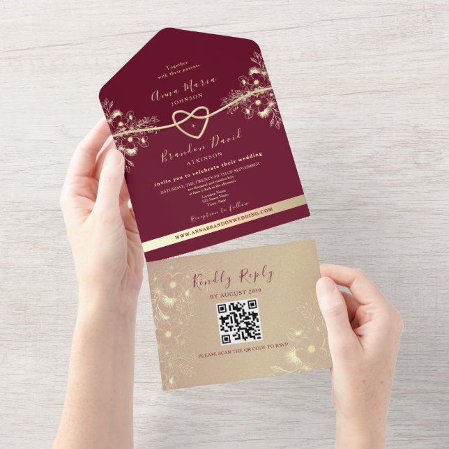 QR Code Burgundy Gold Floral Wedding All In One Einladung (Abreißen)
