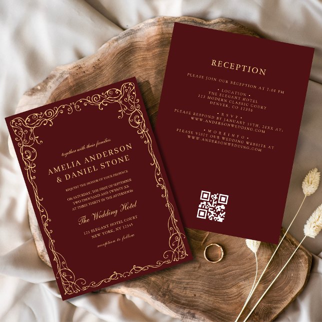 QR Code Burgundy Gold Minimale Hochzeit Einladung (Von Creator hochgeladen)