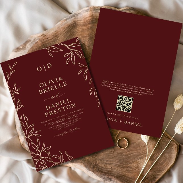 QR Code Burgundy & Gold Monogram Leaf Wedding Einladung (Von Creator hochgeladen)