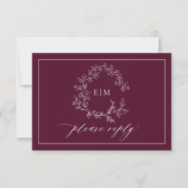 QR Code Burgundy Leafy Wappen Monogram Wedding RSVP Karte
