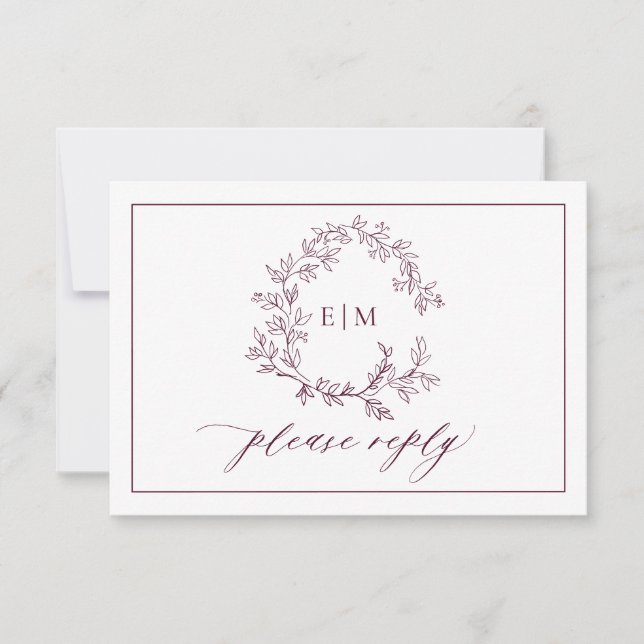 QR Code Burgundy Leafy Wappen Monogram Wedding RSVP Karte (Vorderseite)