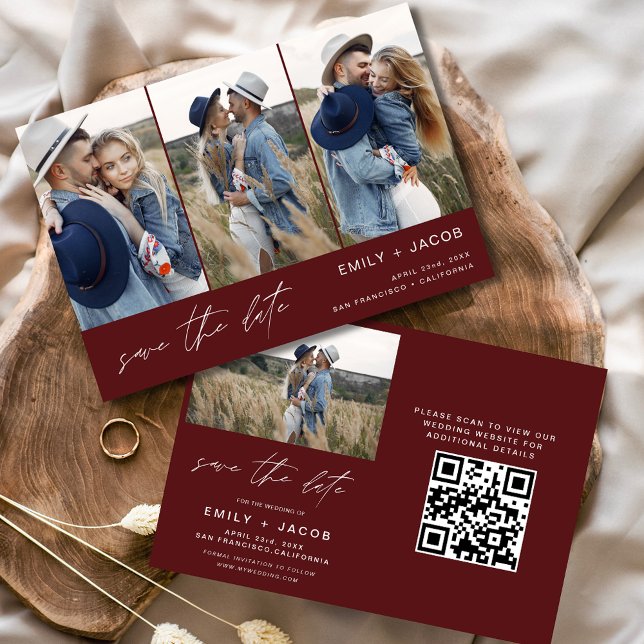 QR Code Burgundy Save the Date 4 Foto Elegant (Von Creator hochgeladen)