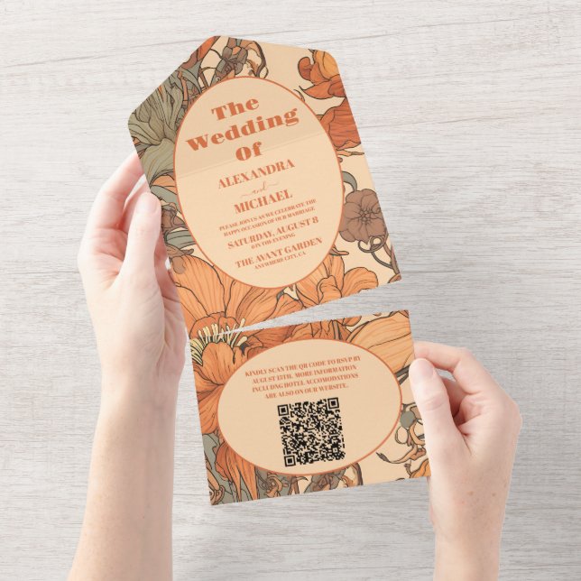 QR Code Burnt Orange Floral Art Nouveau Hochzeit All In One Einladung (Abreißen)