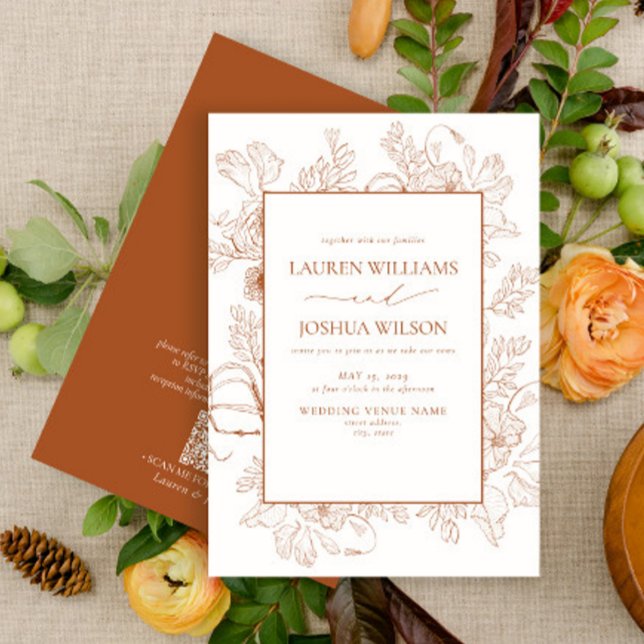 QR-Code Burnt Orange Florale Line Art Hochzeit Einladung (Von Creator hochgeladen)