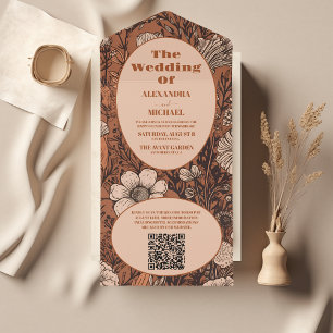QR Code Burnt Orange Wildblumen Hochzeit All In One Einladung