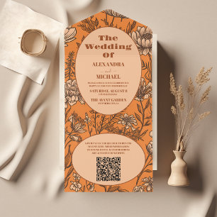 QR Code Burnt Orange Wildblumen Hochzeit All In One Einladung
