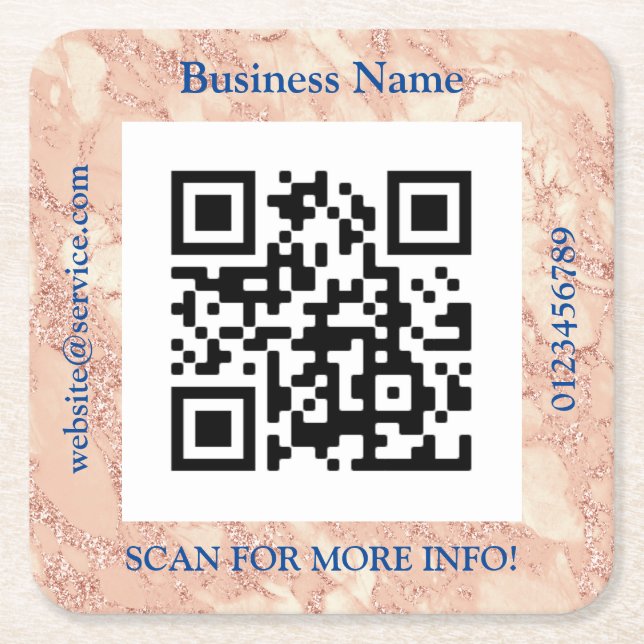 QR Code Bus. Name, Promo, Rose Gold Marmor Vs 2 Rechteckiger Pappuntersetzer (Vorderseite)