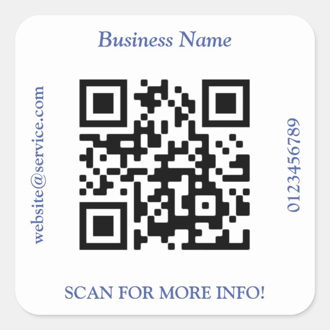 QR Code Bus. Name Website Promo, Blauer Text Quadratischer Aufkleber (Vorderseite)