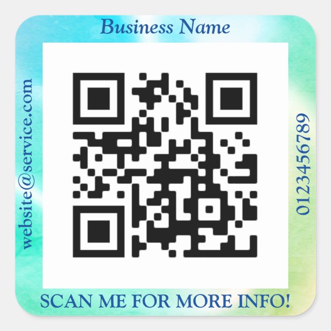 QR Code Bus. Name Website Promo, Blue & Green Quadratischer Aufkleber (Vorderseite)