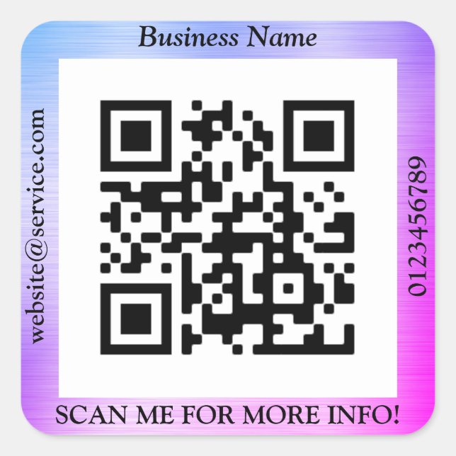 QR Code Bus. Name Website Promo, Blue & Lila Quadratischer Aufkleber (Vorderseite)