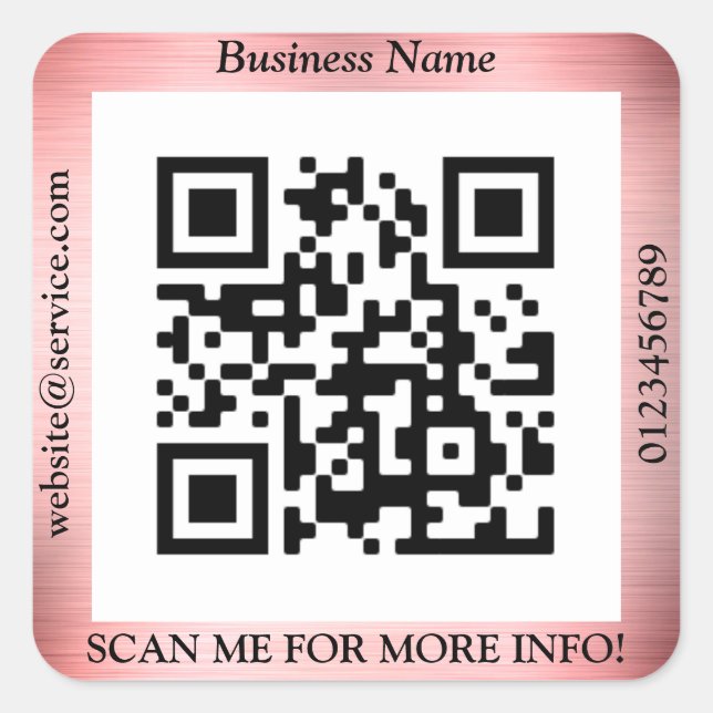 QR Code Bus. Name Website Promo, Brushed Rose Gold Quadratischer Aufkleber (Vorderseite)