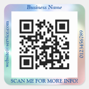 QR Code Bus. Name Website Promo, Iridescent/Blue Quadratischer Aufkleber