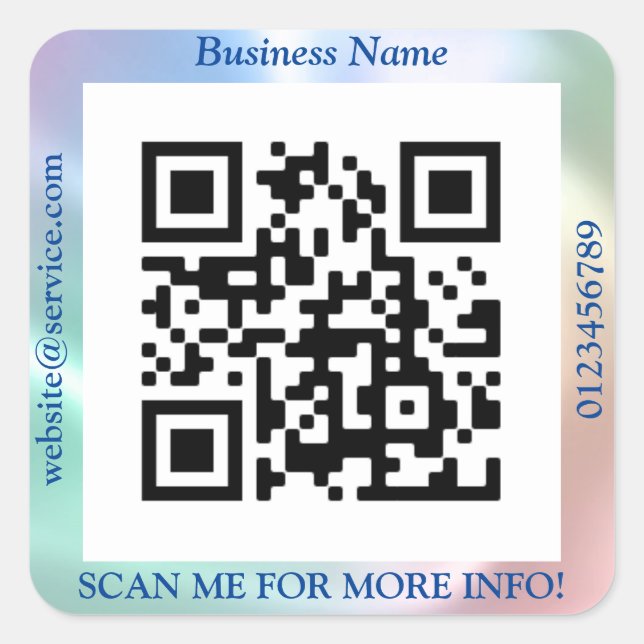 QR Code Bus. Name Website Promo, Iridescent/Blue Quadratischer Aufkleber (Vorderseite)