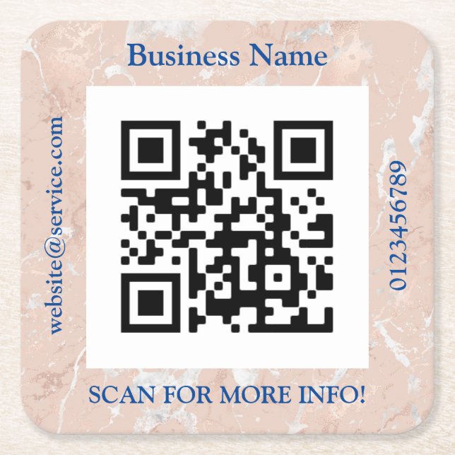 QR Code Bus. Name, Website Promo, Rose Gold Marble Rechteckiger Pappuntersetzer (Vorderseite)