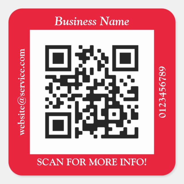 QR Code Bus. Name Website Promo, rot Quadratischer Aufkleber (Vorderseite)