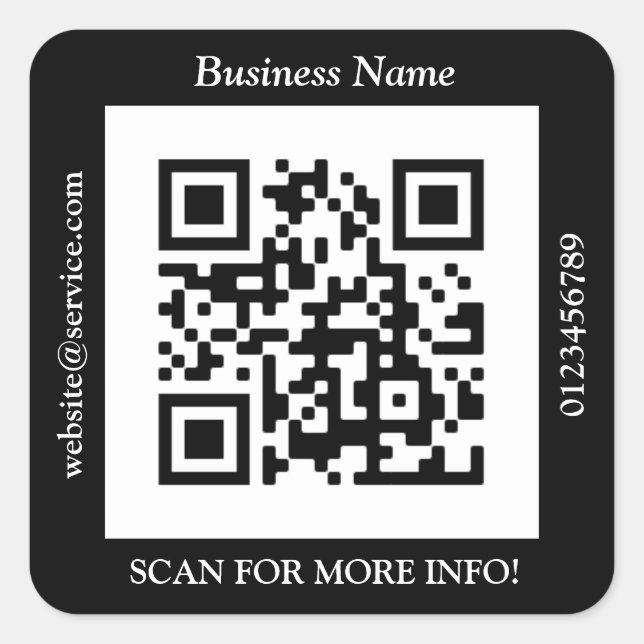 QR Code Bus. Name Website Promo, schwarz Quadratischer Aufkleber (Vorderseite)