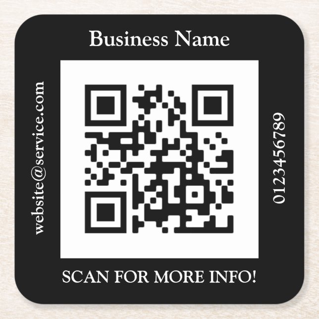QR Code Bus. Name Website Promo, schwarz Rechteckiger Pappuntersetzer (Vorderseite)