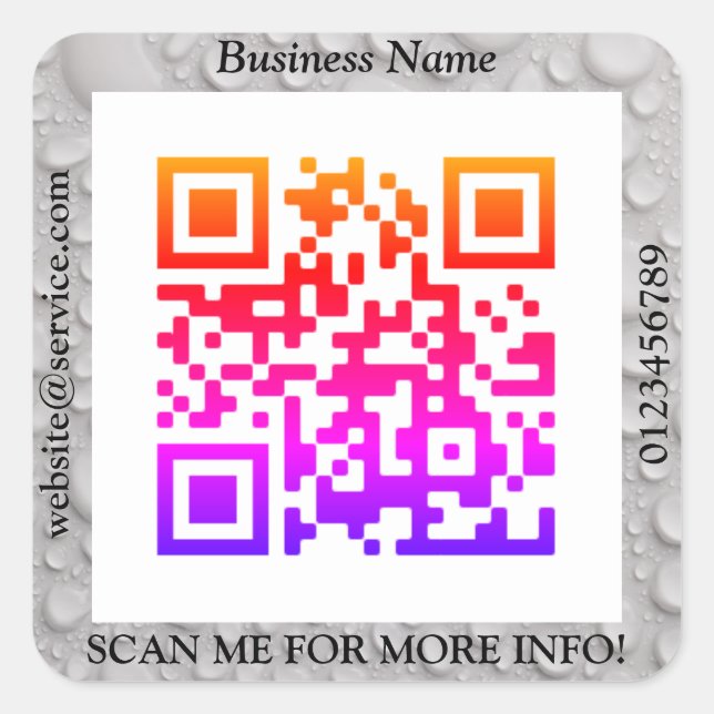 QR Code Bus. Name Website Promo, Water Droplets Sq Quadratischer Aufkleber (Vorderseite)
