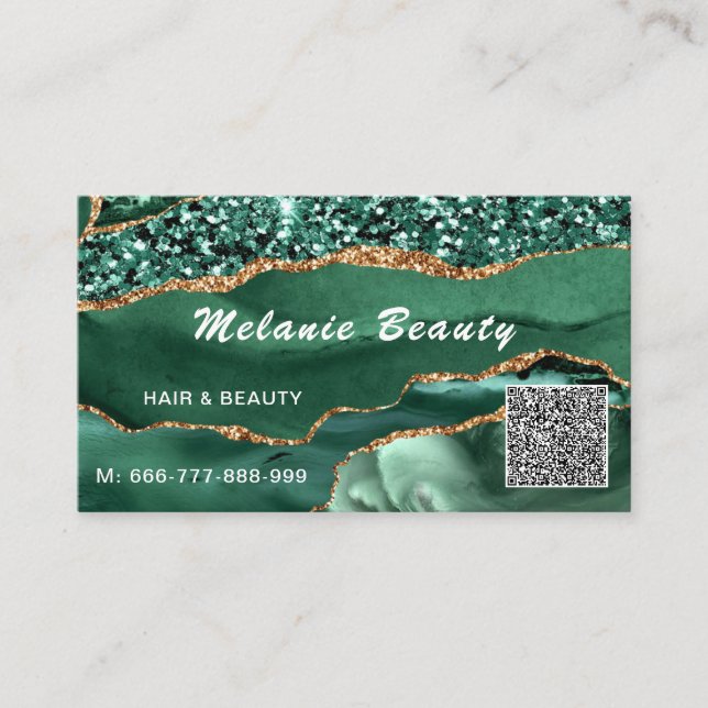 QR Code Business Card Agate Green Gold Glitzer Visitenkarte (Vorderseite)