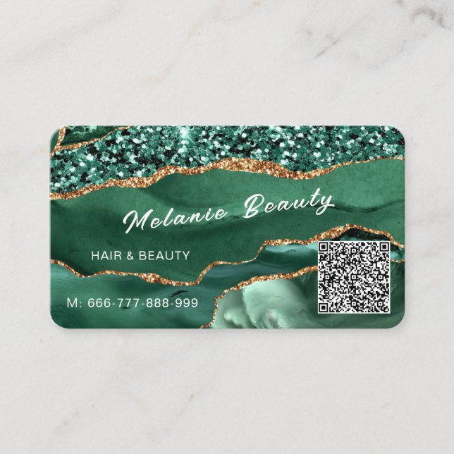 QR Code Business Card Emerald Green Gold Glitzer Visitenkarte (Vorderseite)