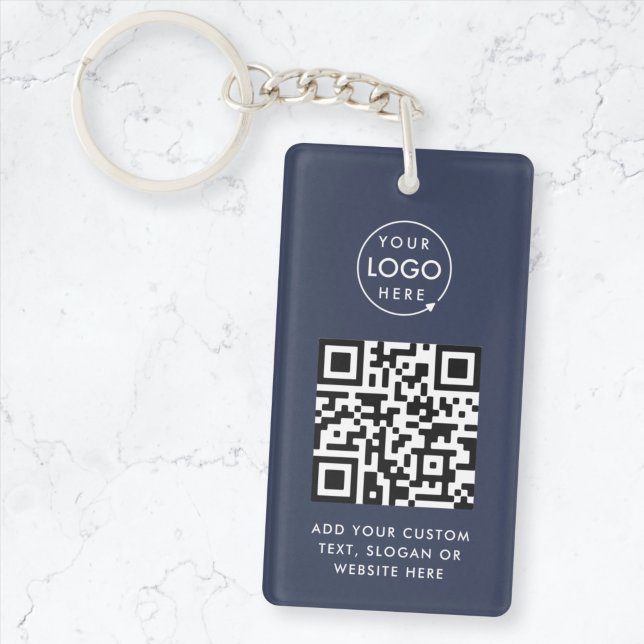 QR-Code | Business Logo Beruflich Navy Blue Schlüsselanhänger (Versatile editable keychain template with interactive QR code & your business logo in navy blue.)