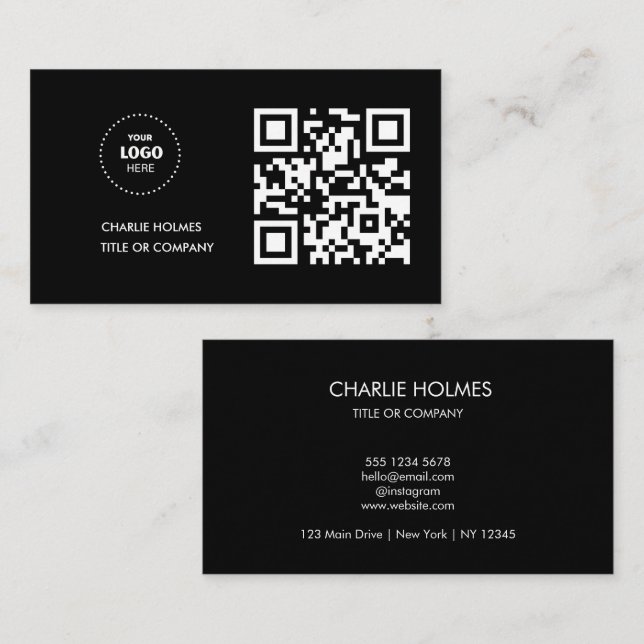 QR-Code-Business-Logo | Black Modern Beruflich Visitenkarte (Vorne/Hinten)