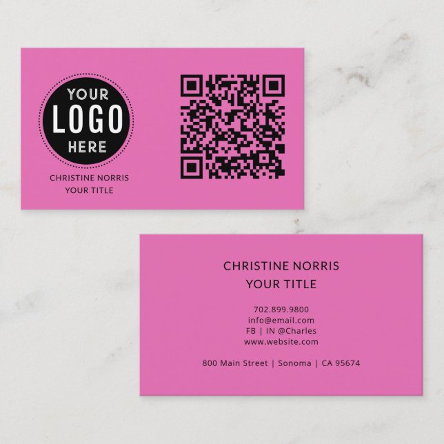 QR Code Business Logo | Modern Hot Pink Visitenkarte (Vorne/Hinten)